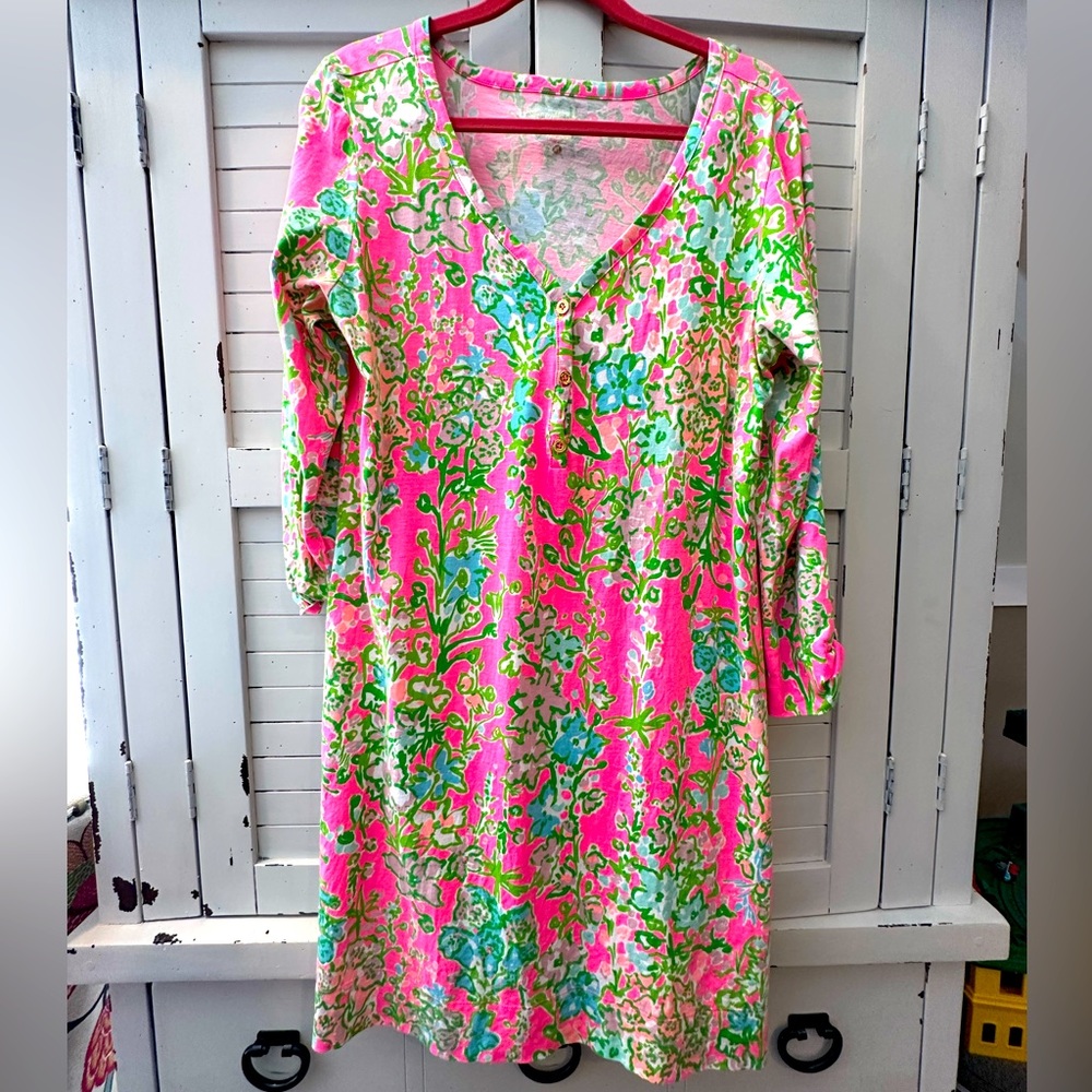 Lilly Pulitzer Palmetto V-Neck henley Dress XL 3/4 sleeve floral southern